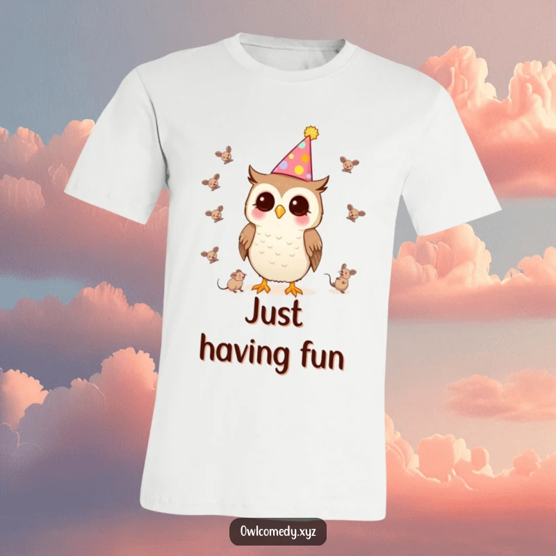 Funny Kawaii Owl T-Shirt featuring a party-hatted owl juggling tiny mice, a playful party theme.