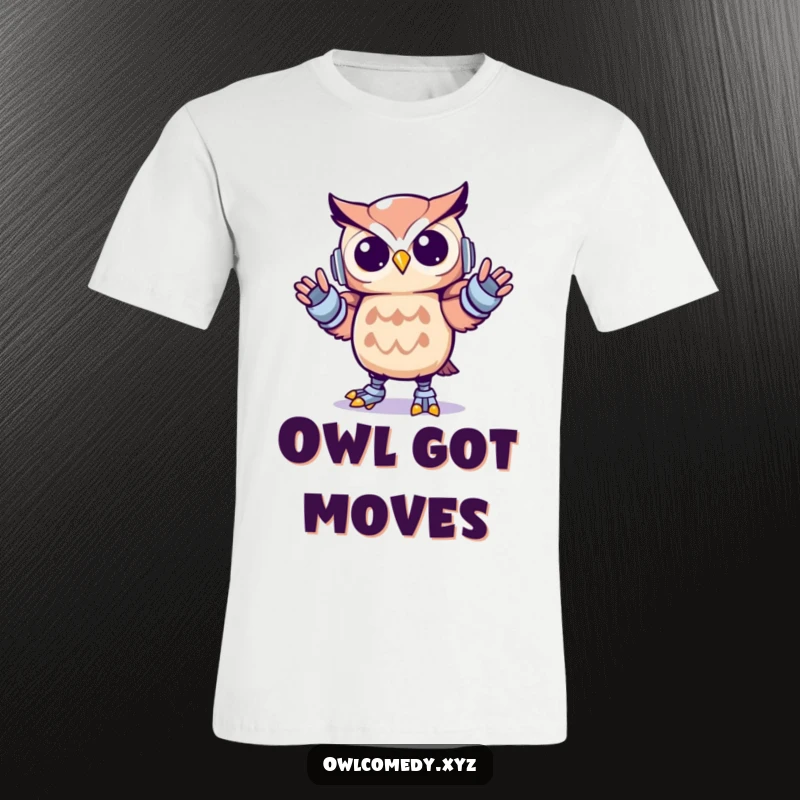 Funny Kawaii owl t-shirt depicting a cute owl doing the robot dance with sharp, energetic, robotic movements, exuding fun.