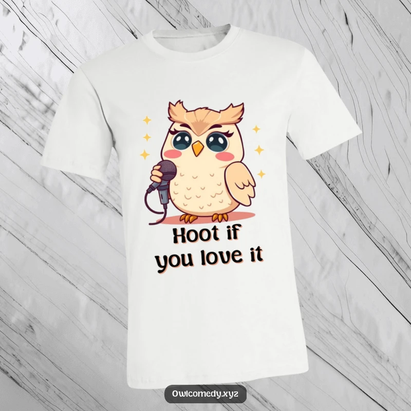 Funny Kawaii owl belting out a tune with a smile into a microphone on this hilarious t-shirt.