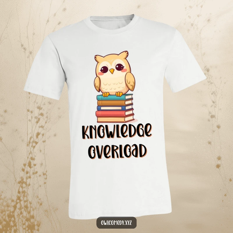 Funny Kawaii Owl T-Shirt, a cute owl with a silly grin tipping over a pile of books, ideal for book enthusiasts.