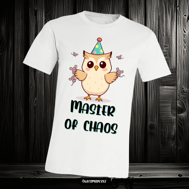 Funny Kawaii owl t-shirt in a party hat, juggling tiny mice with flair, a humorous and unique design for gifting.