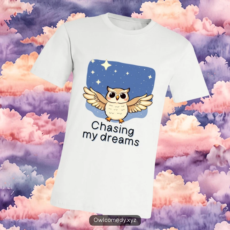 Funny t-shirt featuring a majestic owl with outstretched wings soaring joyfully through a dark, star-studded night sky.