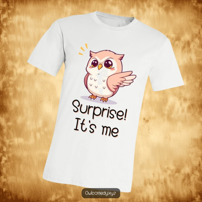 Funny startled kawaii owl t-shirt, with one wing outstretched reacting to a popping sound, a humorous and relatable graphic tee.