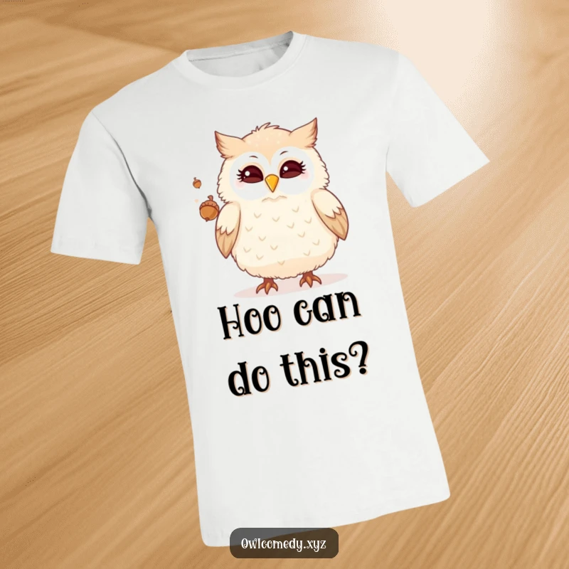 Funny t-shirt featuring a fluffy owl winking playfully while juggling miniature acorns, a humorous and eye-catching design.