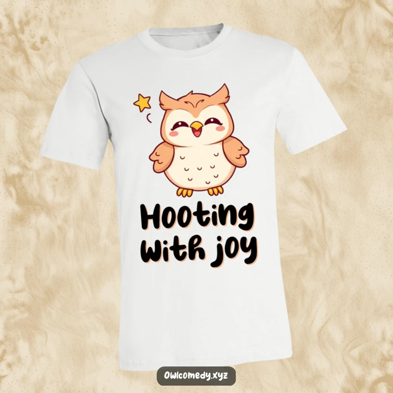 Funny kawaii owl t-shirt, a delighted character laughing heartily with a tiny star in its speech bubble, great gift.