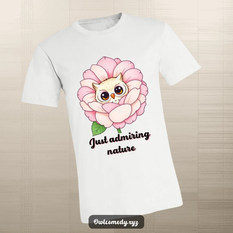 Funny t-shirt graphic of a curious owl peeking from behind a lush, blooming flower. Comfortable and charming apparel.