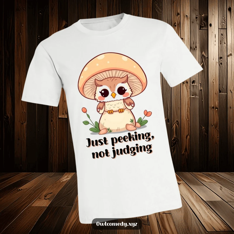 Funny Kawaii owl winking from behind a giant mushroom on a t-shirt, showcasing a delightful and humorous scene.