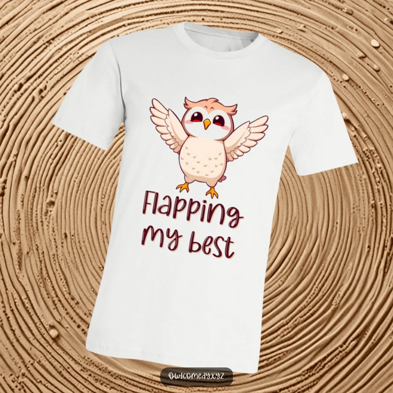 Funny Kawaii owl t-shirt featuring a character joyfully flapping its wings, perfect for expressing playful energy and freedom.