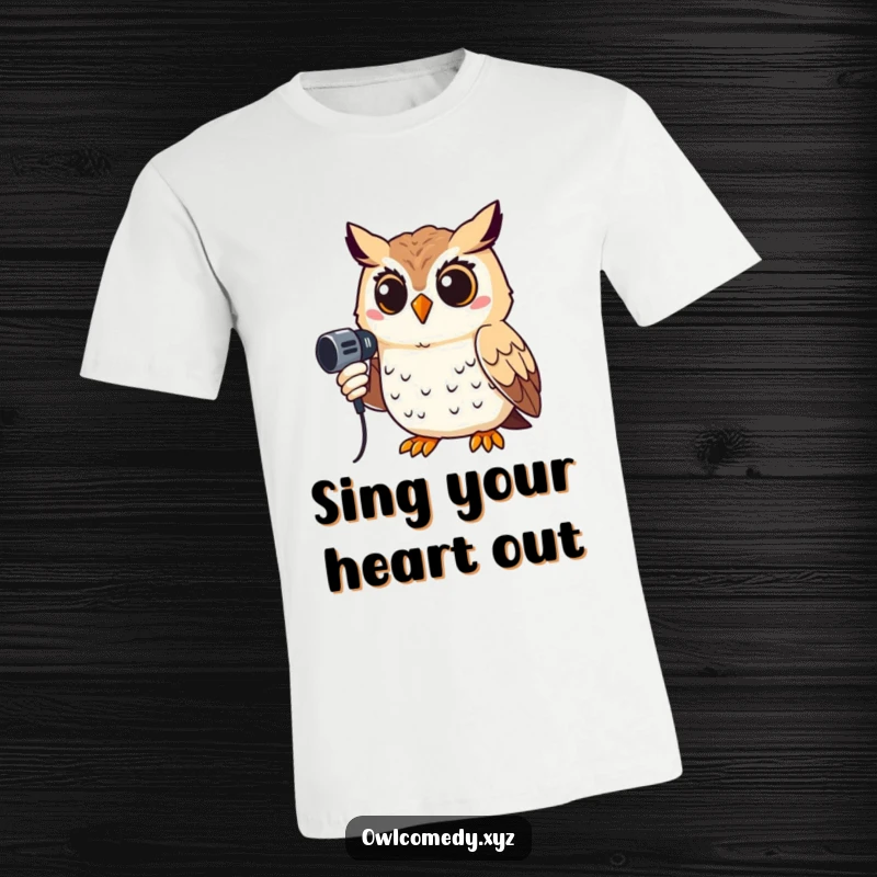 Funny t-shirt featuring a smiling owl holding a microphone, ready to deliver a show-stopping performance with humor.