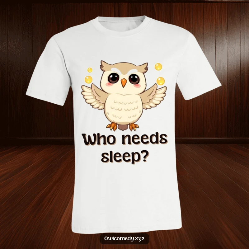 Funny owl t-shirt showing a joyful owl mid-juggle with luminous orbs, a whimsical tee for magic lovers.