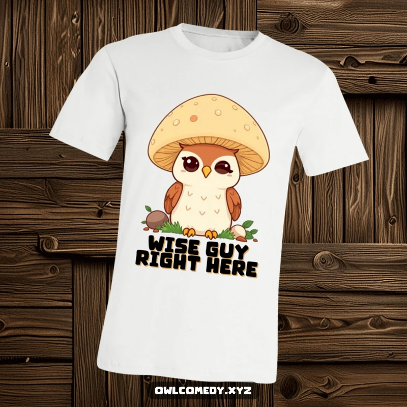 Funny Kawaii Owl T-Shirt: Cute owl peeking from behind mushroom, winking joyfully, ideal for a funny gift.