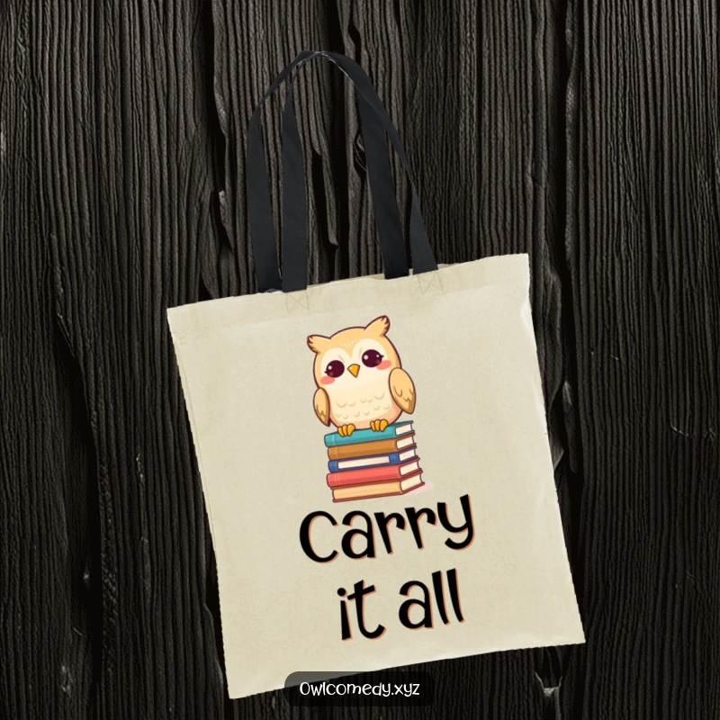 Funny Kawaii Owl Tote Bag, a happy owl tipping books, a humorous and practical accessory for bookworms.