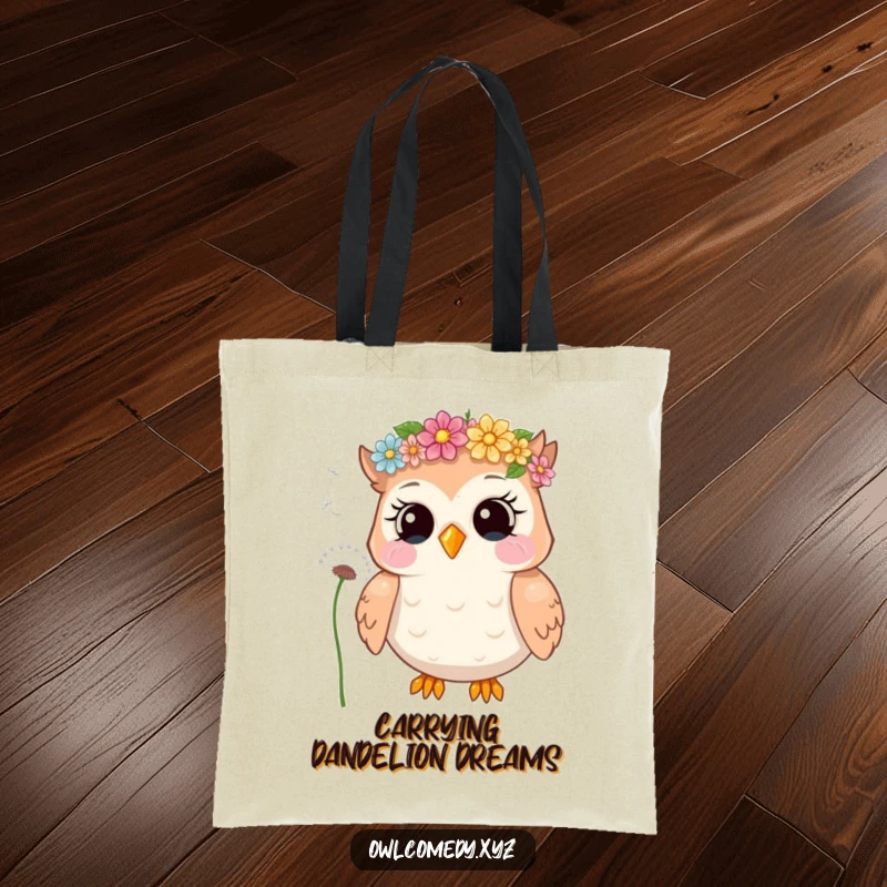 Funny tote bag with a giggling owl wearing a flower crown, blowing dandelion seeds, ideal for shopping and daily use.