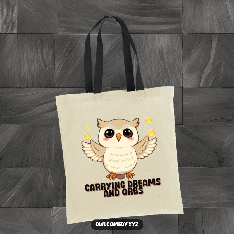 Funny owl tote bag featuring a jubilant owl expertly juggling bright glowing orbs, useful and amusing accessory.