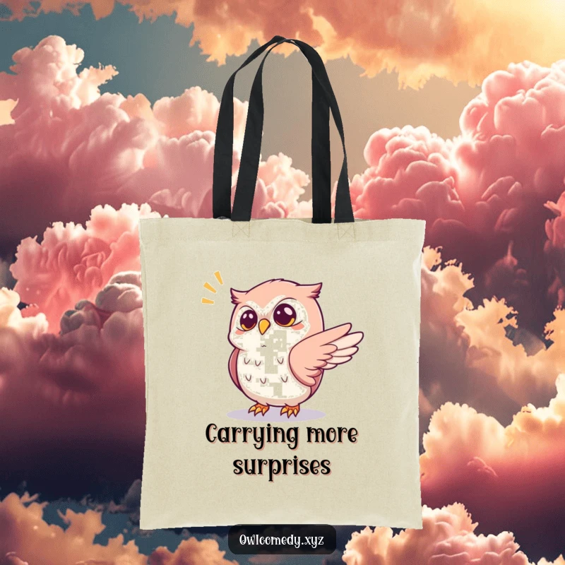 Funny startled kawaii owl tote bag, with one wing outstretched reacting to a popping sound, a humorous and practical bag.