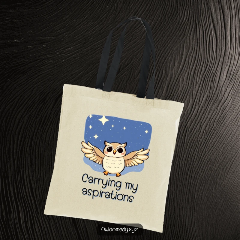 Funny tote bag featuring a graceful owl with outstretched wings soaring through a vast, twinkling starry night sky.