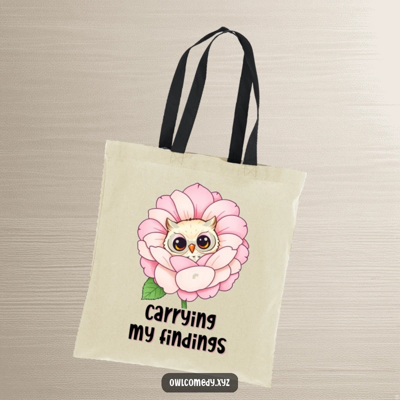 Funny owl peeking with curiosity from behind a large, blooming flower, printed on a durable tote bag. Practical and amusing accessory.