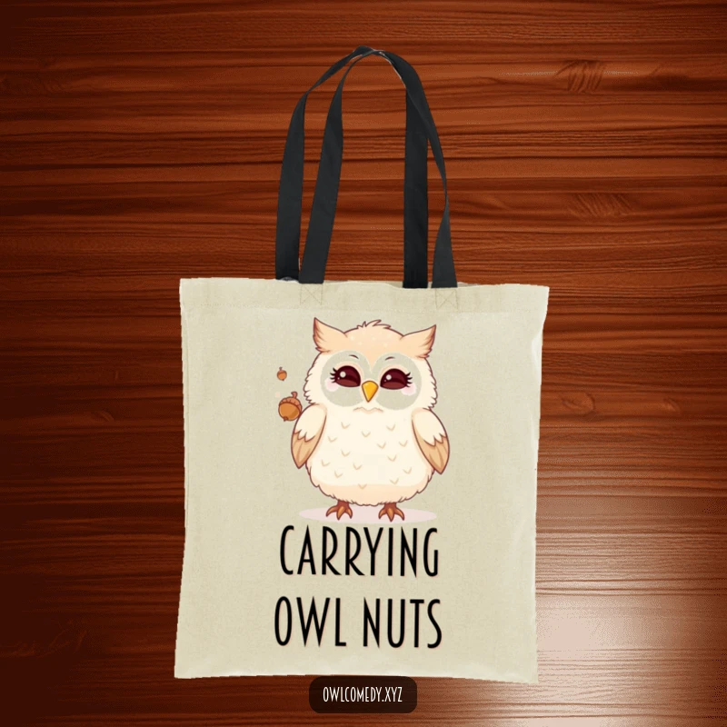 Funny tote bag showcasing a fluffy owl winking while juggling small acorns, a practical and humorous carry-all.