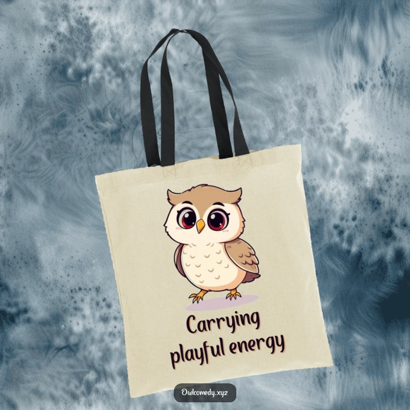 Funny tote bag with a playful owl looking delighted while chasing its own shadow.