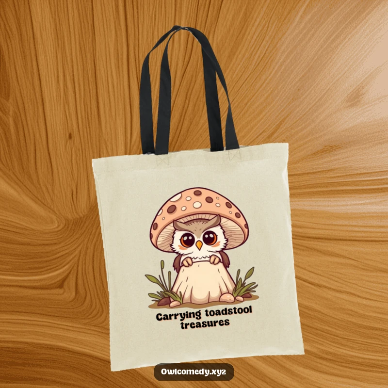 Funny curious kawaii owl peeking from behind a spotted mushroom, looking surprised, tote bag, woodland, explorer, cute.