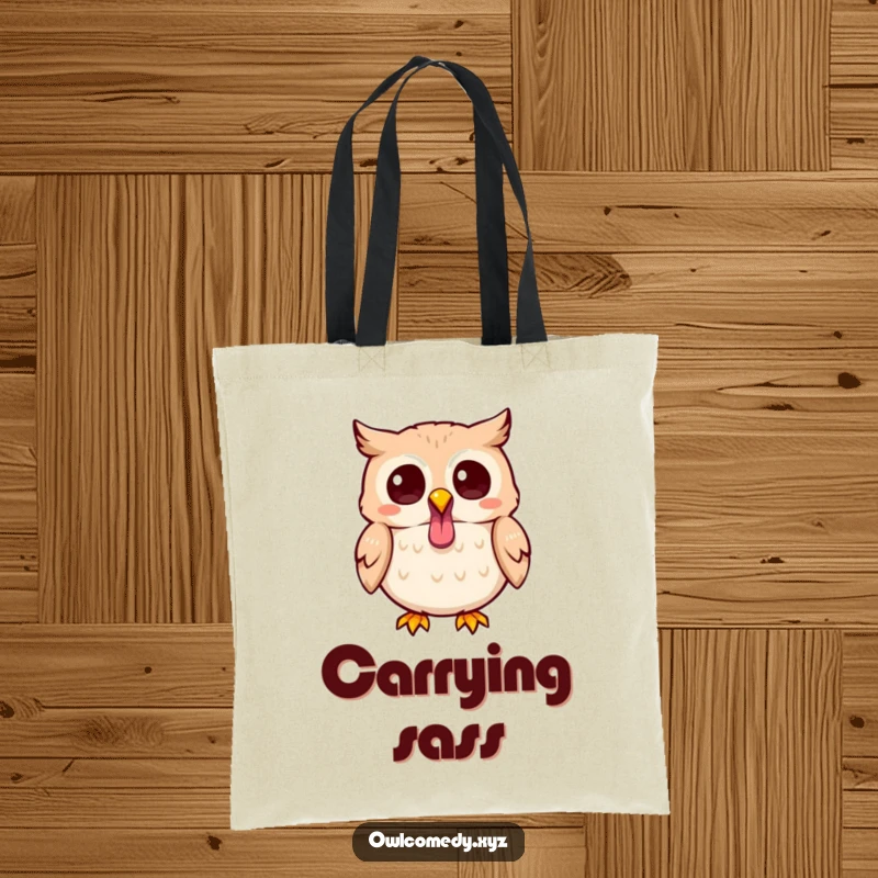 Funny Kawaii owl tote bag showing a cute owl sticking its tongue out playfully, ready for errands with a mischievous grin.