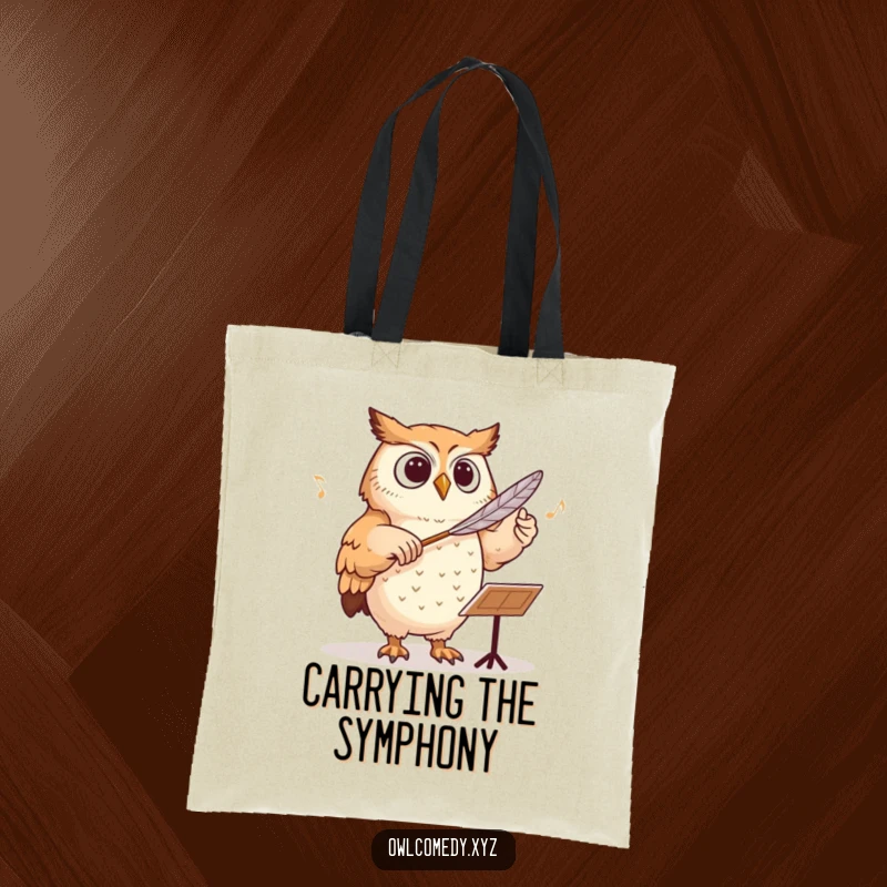 Funny owl conducting an orchestra with a feather baton on a durable tote bag, for music lovers.