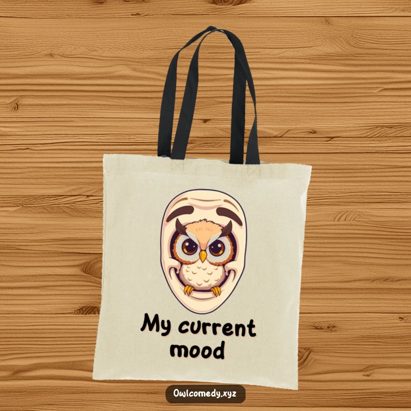 Funny curious owl peeking from a comedy mask on a durable tote bag, symbolizing wit and humor.