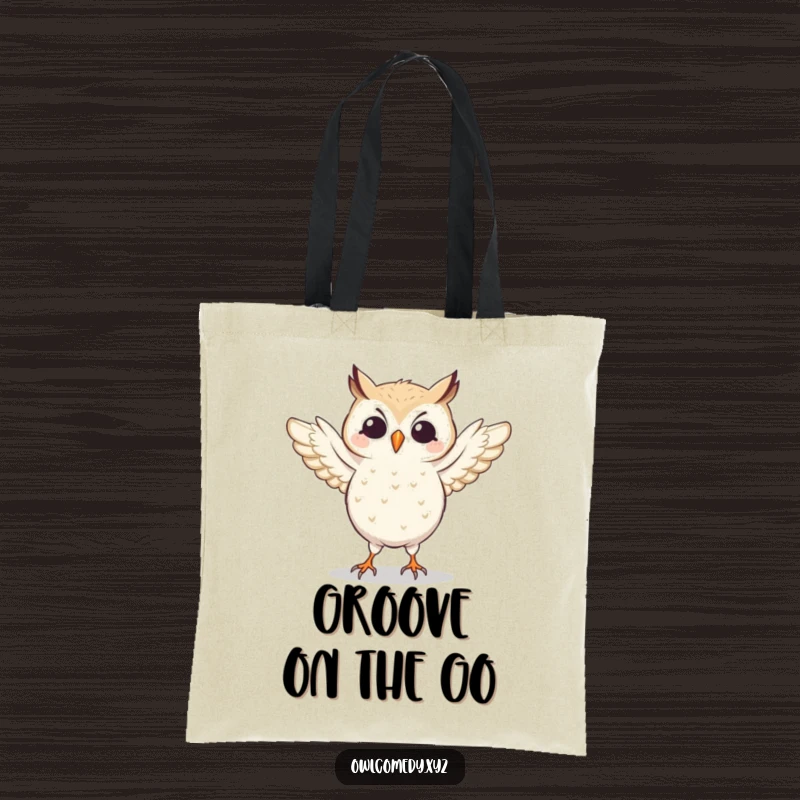 Funny owl dancing energetically with wings flapping, printed on a durable tote bag. Practical and amusing accessory.
