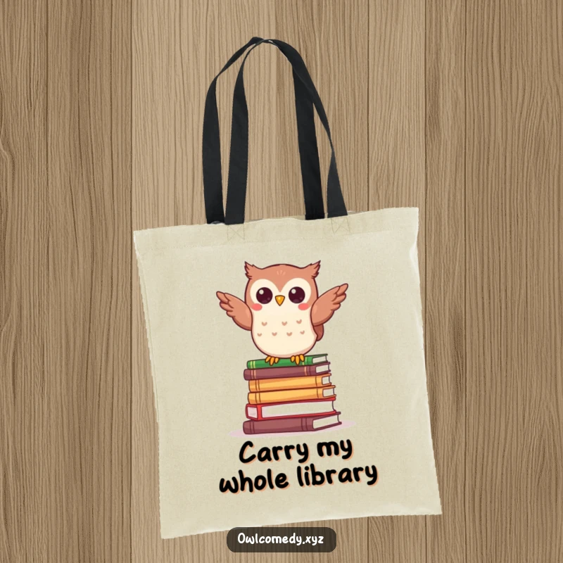 Funny kawaii owl balancing comically on a stack of tiny books, ideal for carrying books.