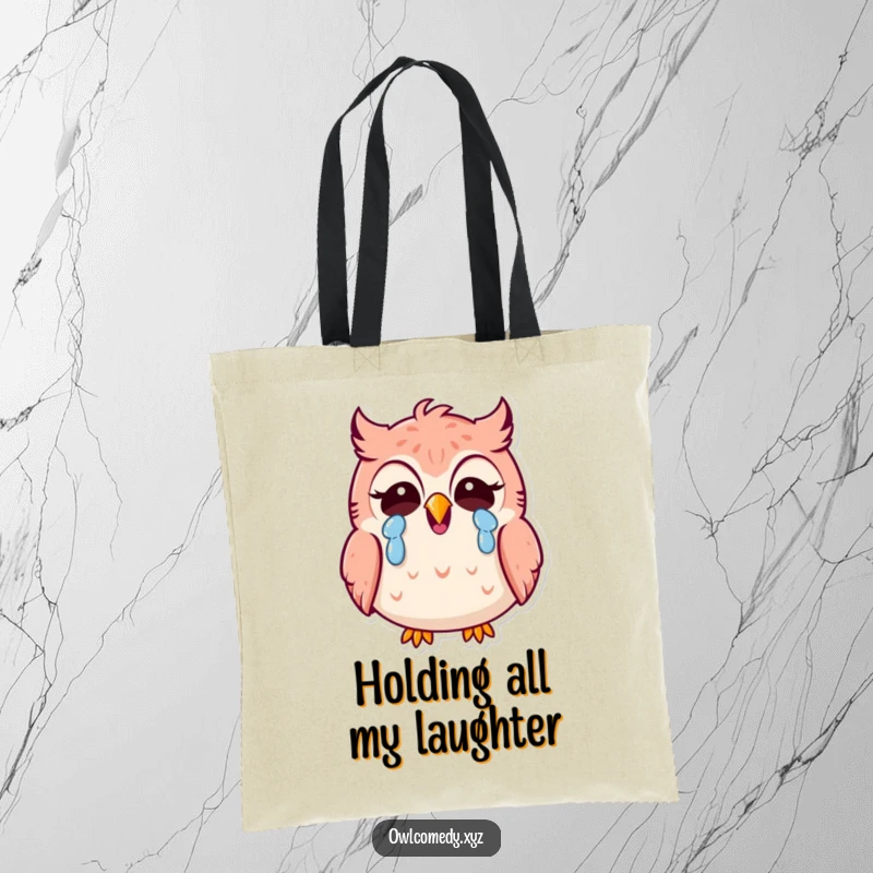 Funny Kawaii owl tote bag, owl crying from laughter, carrying groceries, stylish, humorous, practical, durable.