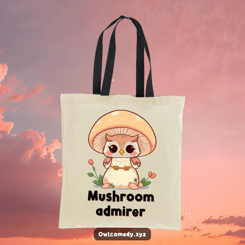 Funny Kawaii owl winking from behind a giant mushroom, depicted on a durable tote bag for daily use.