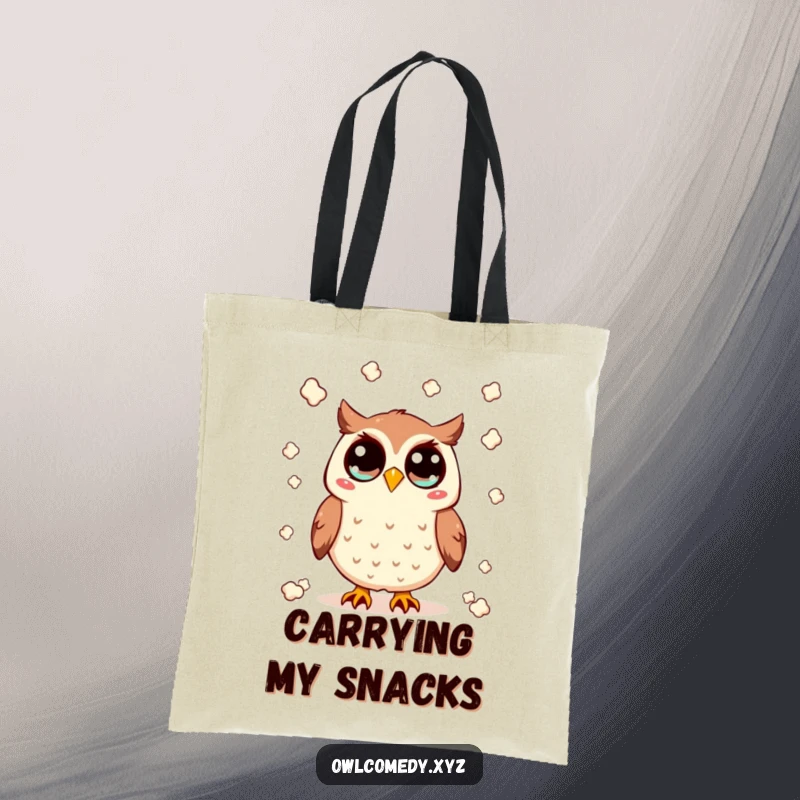 Funny Kawaii owl tote bag with wide eyes, tossing popcorn in the air, a cute and humorous accessory for snack enthusiasts, perfect gift.