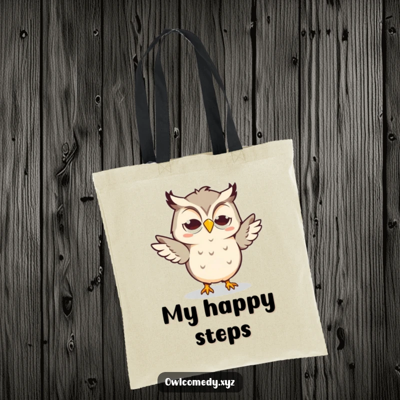 Funny Kawaii Owl Tote Bag with a goofy grin, doing a silly dance, a fun accessory for dancers.