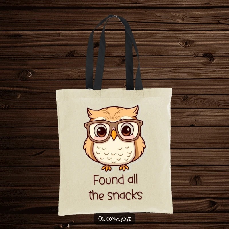 Funny owl with large glasses, expressing surprise and delight, printed on a sturdy tote bag. Practical and amusing accessory.