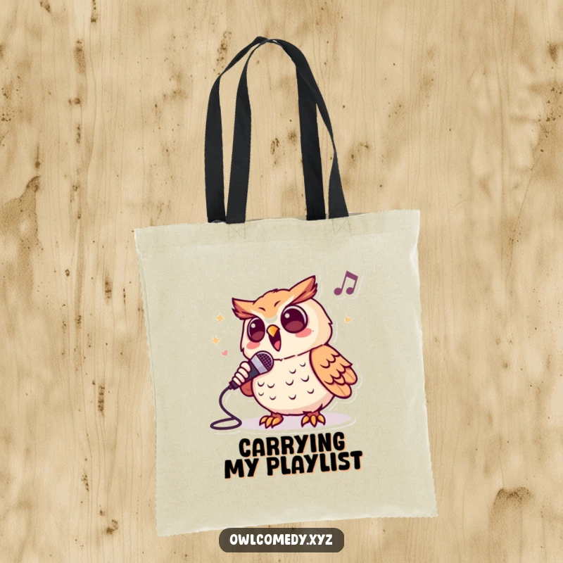Funny tote bag showcasing a lively owl character passionately singing into a microphone, perfect for carrying music gear or daily items.