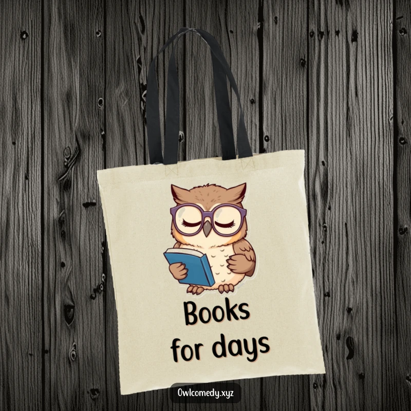 Funny tote bag with a sleepy owl wearing oversized glasses, engrossed in a tiny book, perfect for carrying library finds.