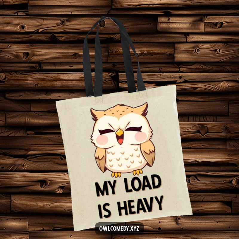 Funny sleepy owl yawning widely with a tiny giggle escaping, printed on a durable tote bag. Perfect for daily use.