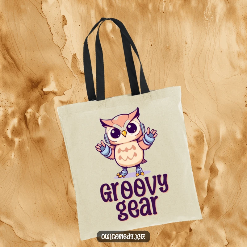 Funny Kawaii owl tote bag showing a cute owl doing the robot dance with energetic, angular movements, ready for any task.