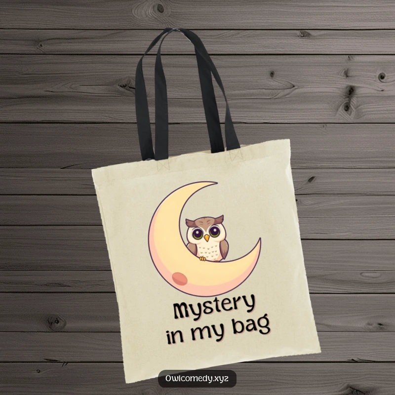 Funny tote bag showing a curious owl peeking from behind a large, smiling crescent moon, perfect for everyday use.