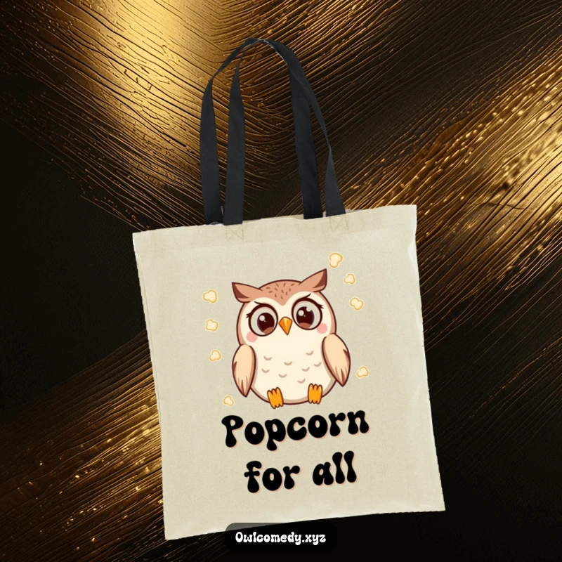 Funny Kawaii Owl Tote Bag with a wide-eyed owl gleefully throwing popcorn, ideal for movie essentials.