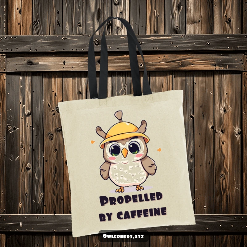 Funny kawaii owl tote bag, an owl with a wildly spinning propeller hat, looking surprised and delighted.